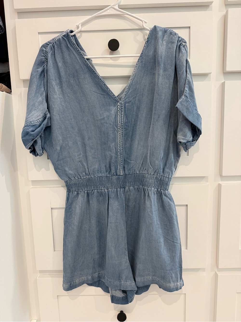 Pink Lily Light Wash Denim Bodysuit Romper - Light Blue